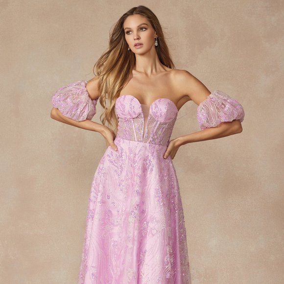 NEW LONG OFF THE SHOULDER STRAPLESS A-LINE GOWN EMBROIDERED WITH SEQUINS JT 2404 - Picture 4 of 9